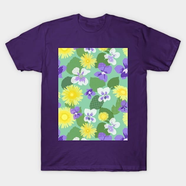 Cross-stitch Dandelions and Violets on Mint Green Vertical T-Shirt by ArtticArlo